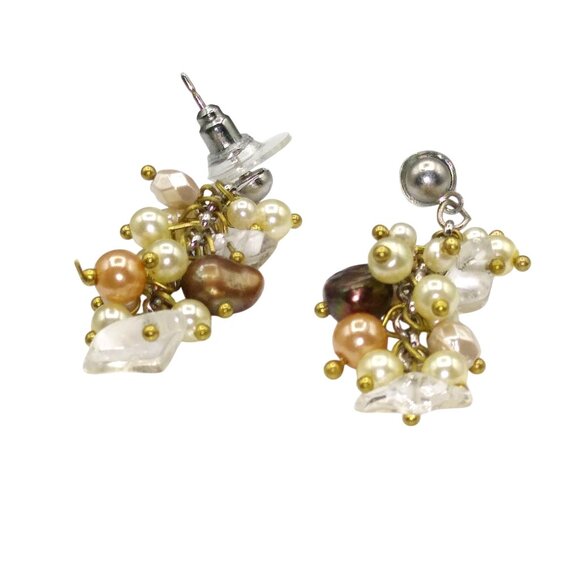 Tahitian Pearls and Rock Crystals Earrings, Elegant Neutral Cluster Dangle - Picture 2 of 3